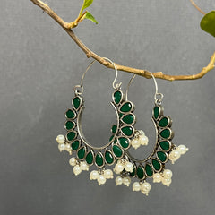 Green Stone German Silver Hoop Earrings
