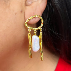 Golden Statement Earrings with White Duzzy Stone