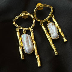 Golden Statement Earrings with White Duzzy Stone