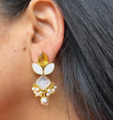 Druzzy White Stone-Studded Earrings with Pearl Drops