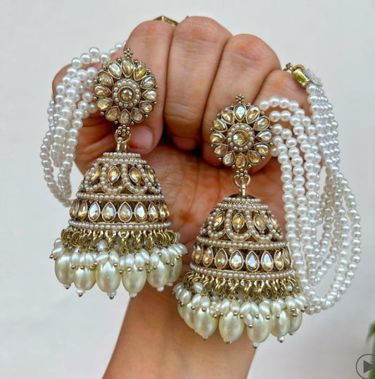 Khwaab: Exquisite Pearl Jhumkas with Kundan Detailing & Sahara Strands