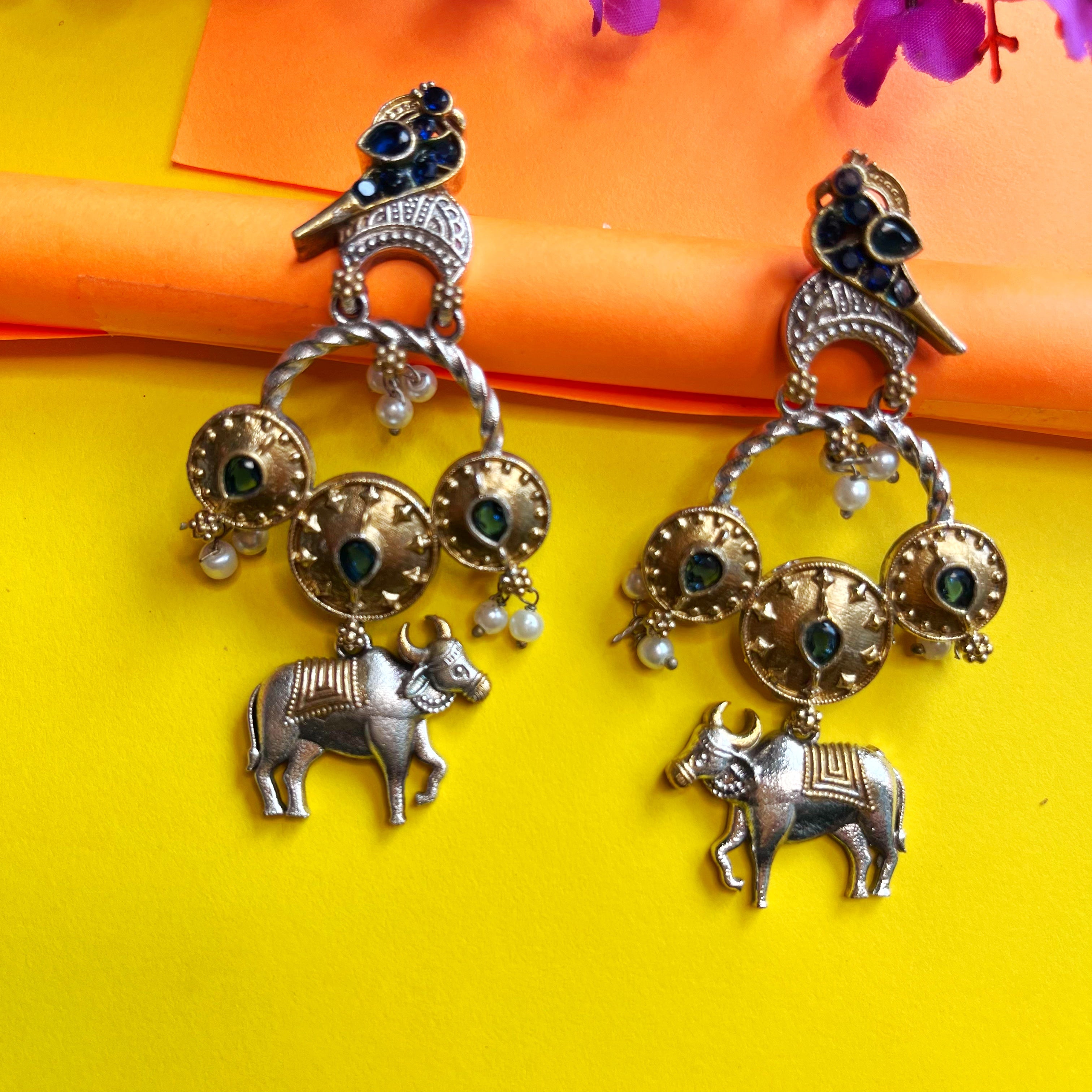 Antique Silver-Toned Ox and Parrot Statement Earrings