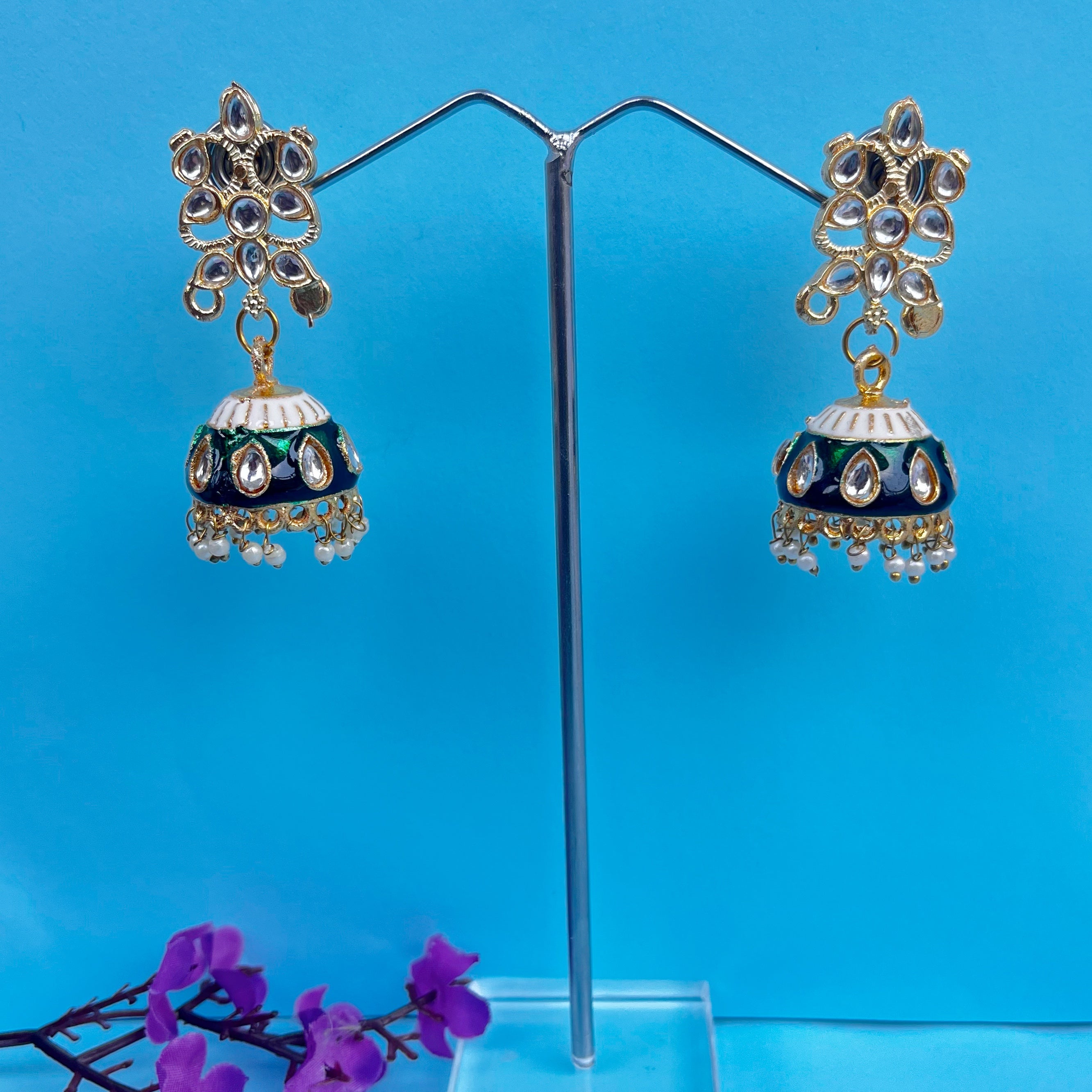 Rani: Emerald Enamel Kundan Jhumkas