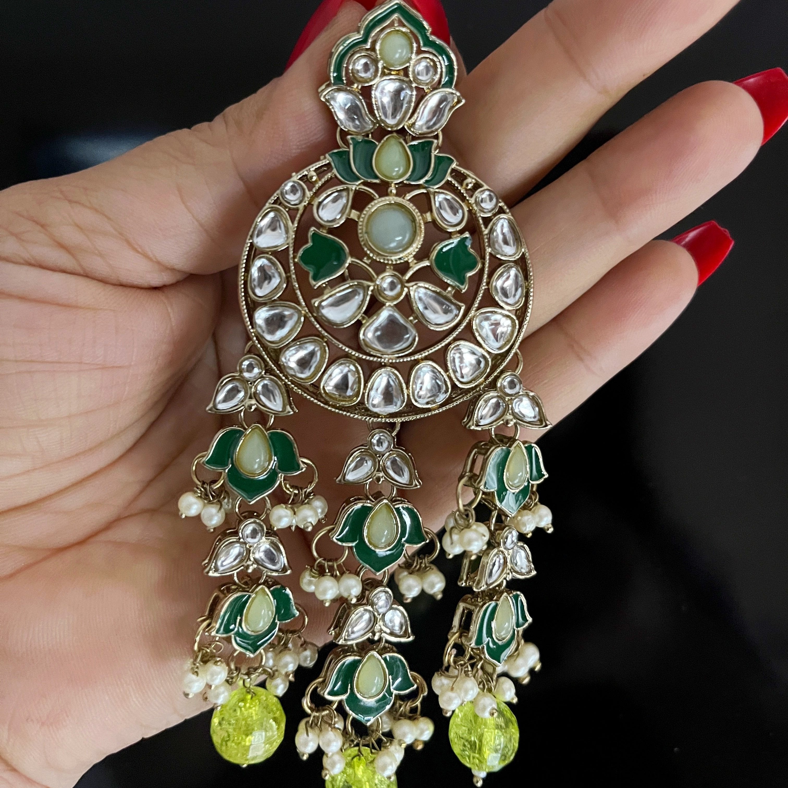 Kamli: Green Kundan Long Earrings