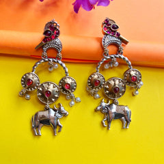 Antique Silver-Toned Ox and Parrot Statement Earrings