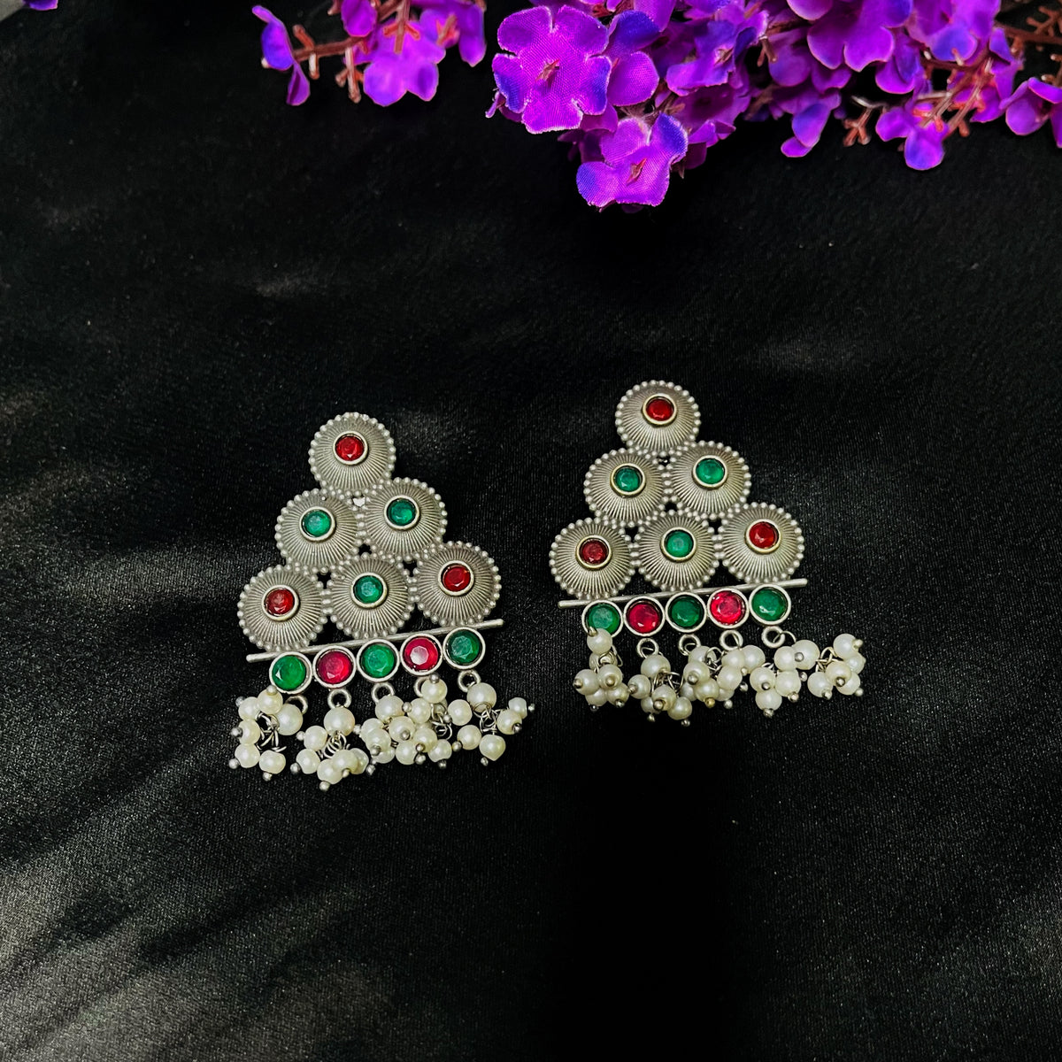 Girija: Silver Plated Kempo Stone Lightweight Earrings