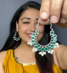 Green Stone German Silver Hoop Earrings