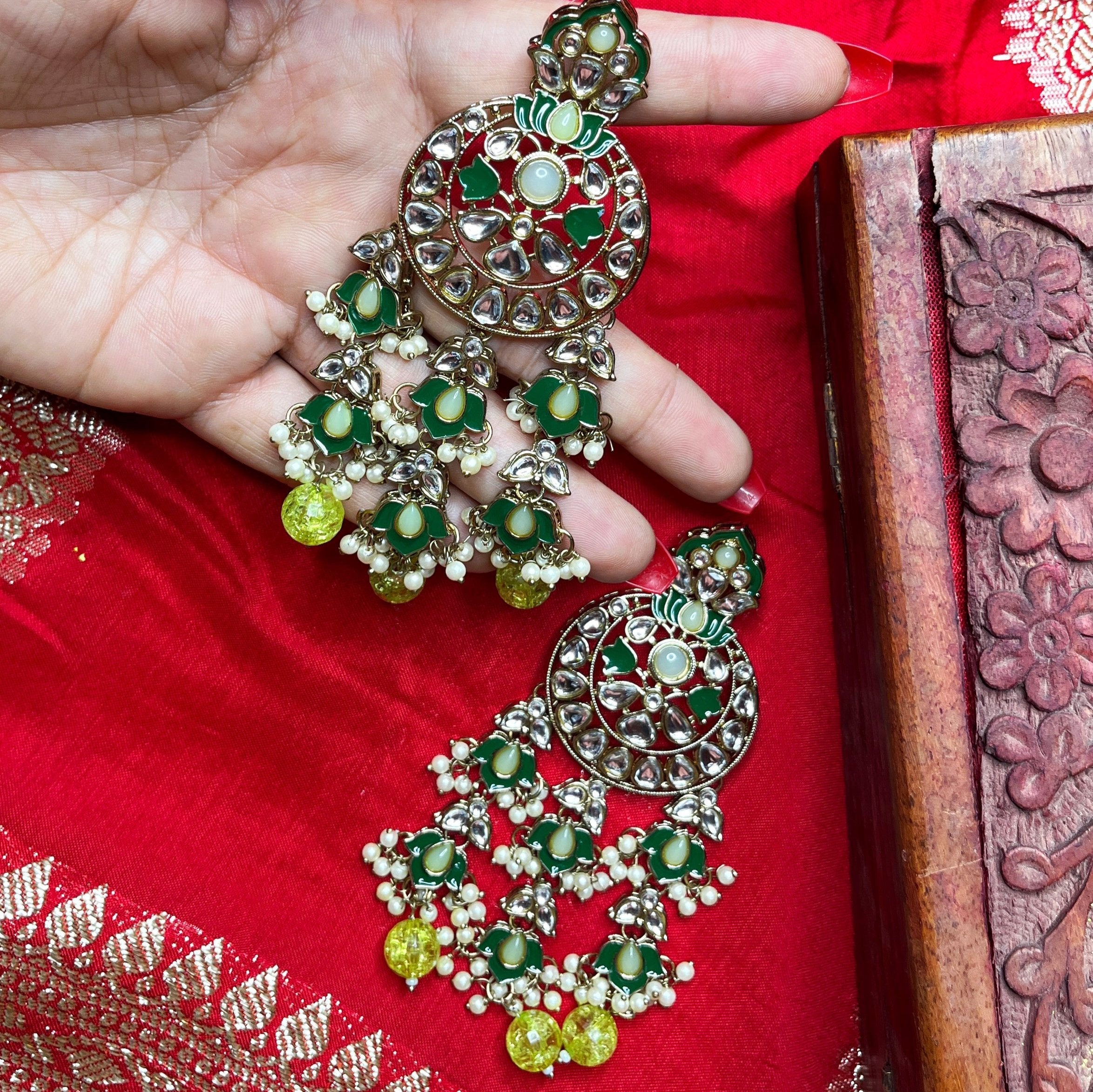 Kamli: Green Kundan Long Earrings