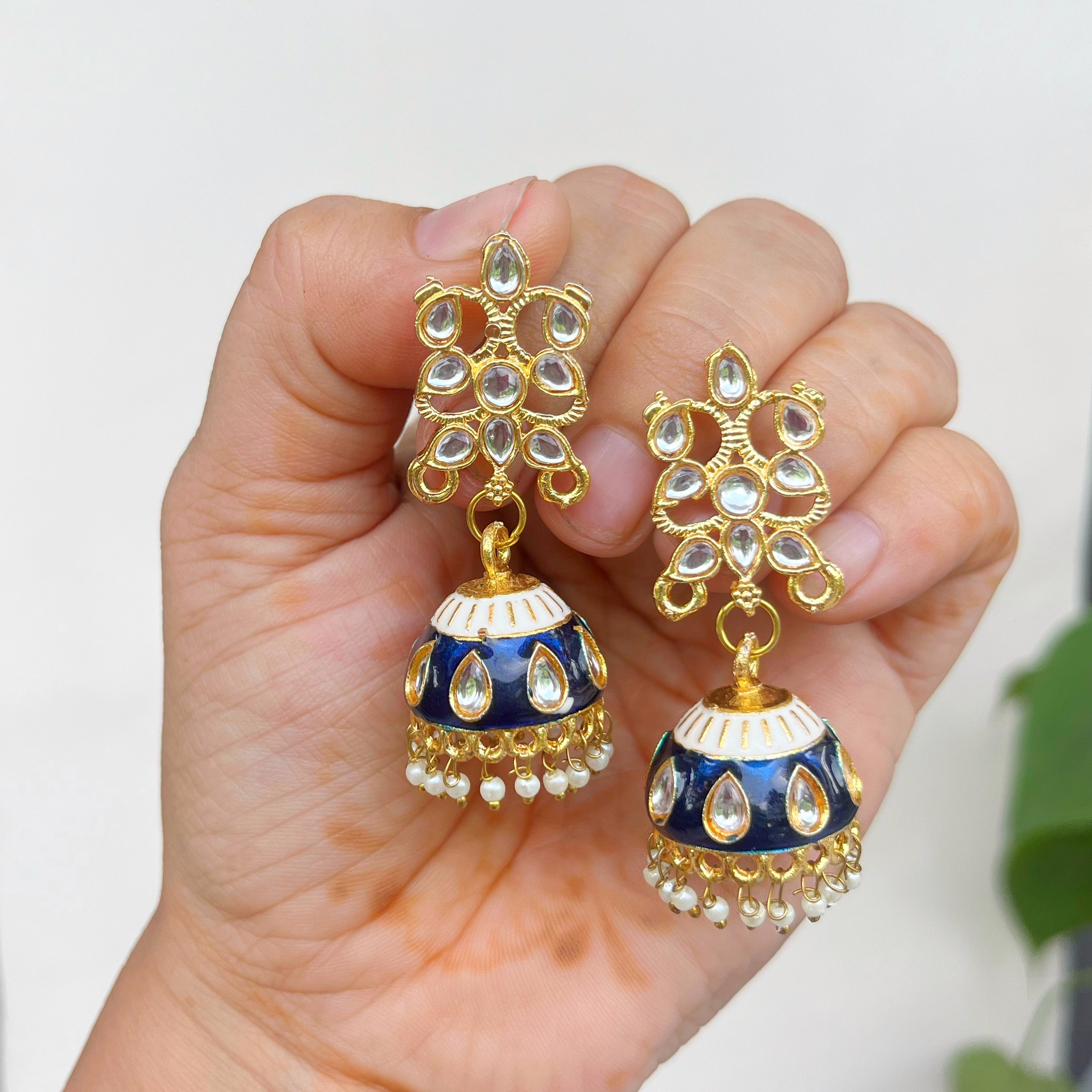 Rani: Emerald Enamel Kundan Jhumkas