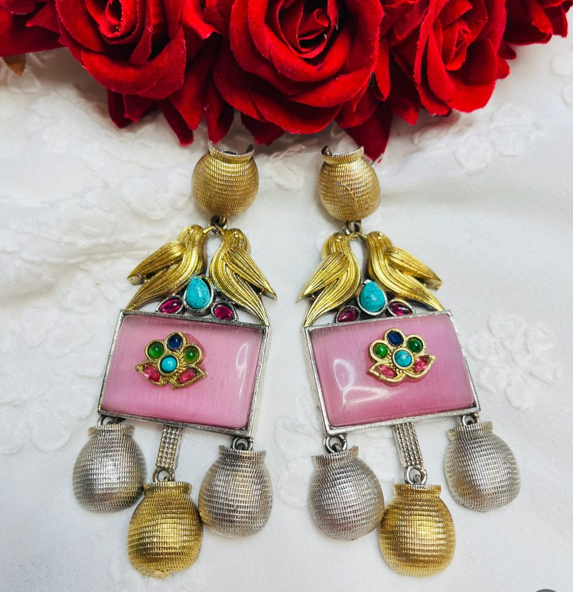 Chehak Dual Tone Pink Earrings- Silver Look Alike Collection