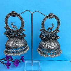 Bhavini: Oxidized Jhumka Earrings with a deer motif