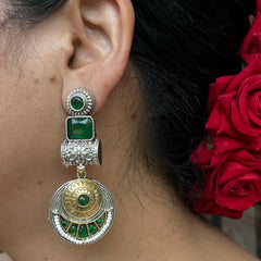 Shubhi Green Stone Earrings- Silver Replica Collection