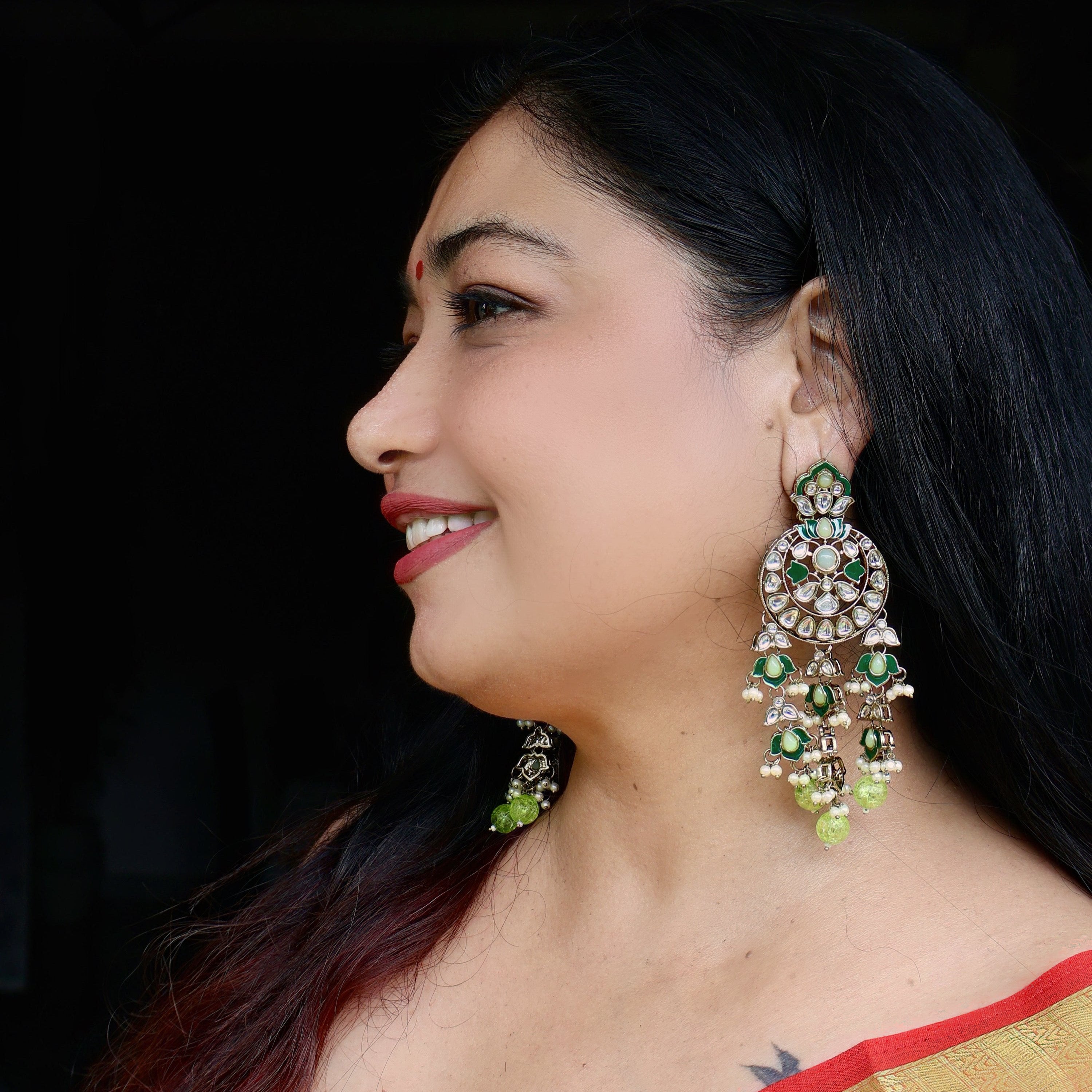 Kamli: Green Kundan Long Earrings