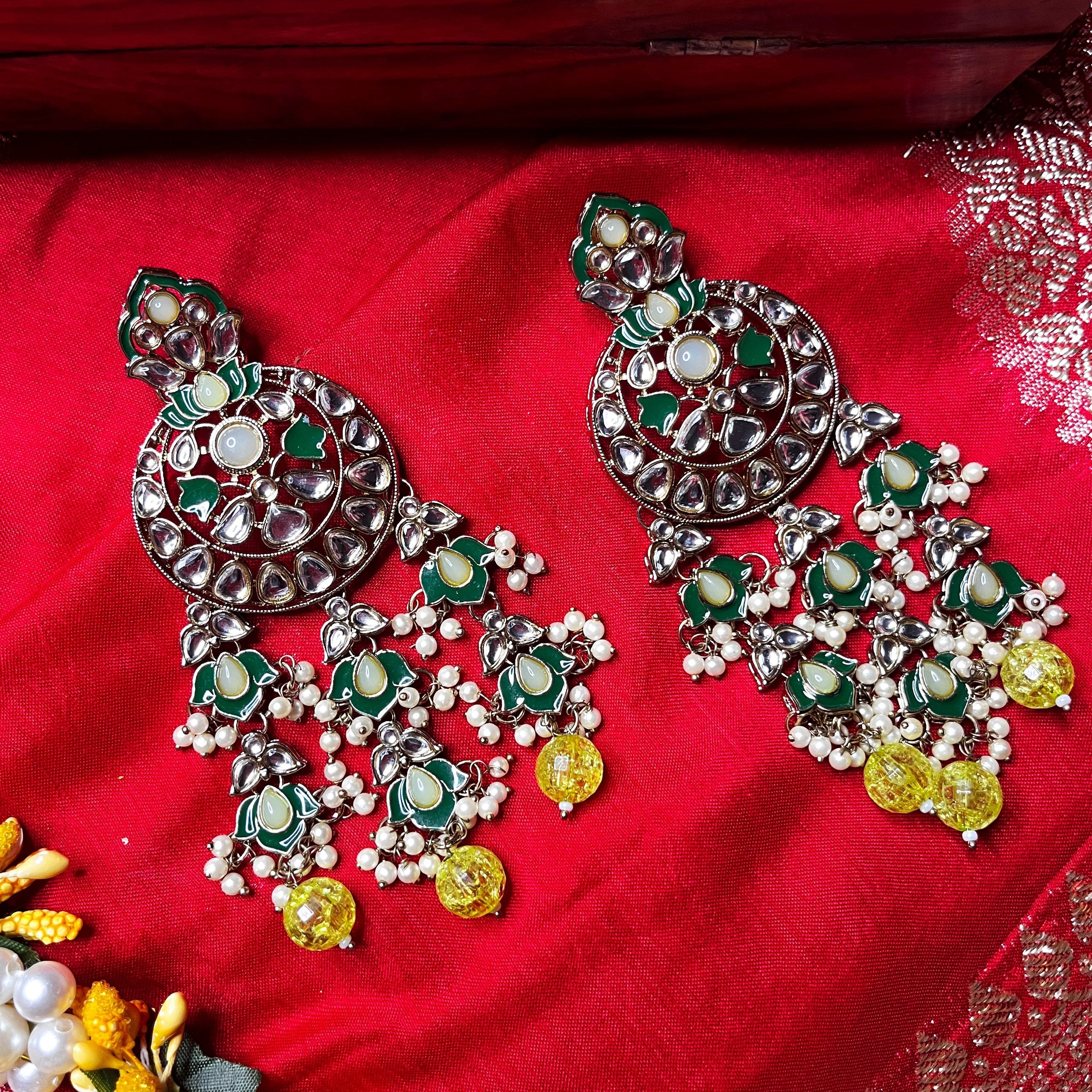 Kamli: Green Kundan Long Earrings