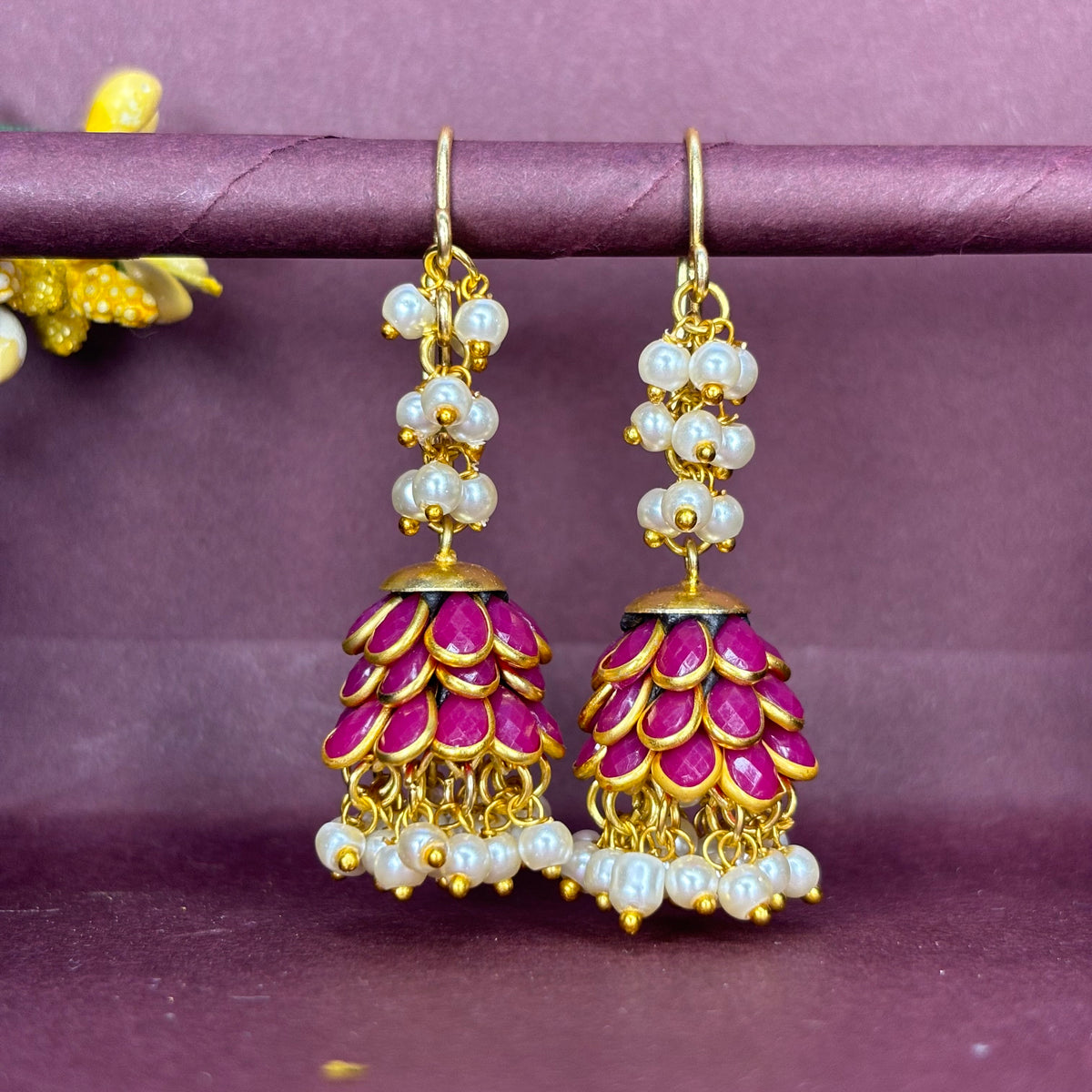 Amrita:  Pink Enamel Petal Jhumkas