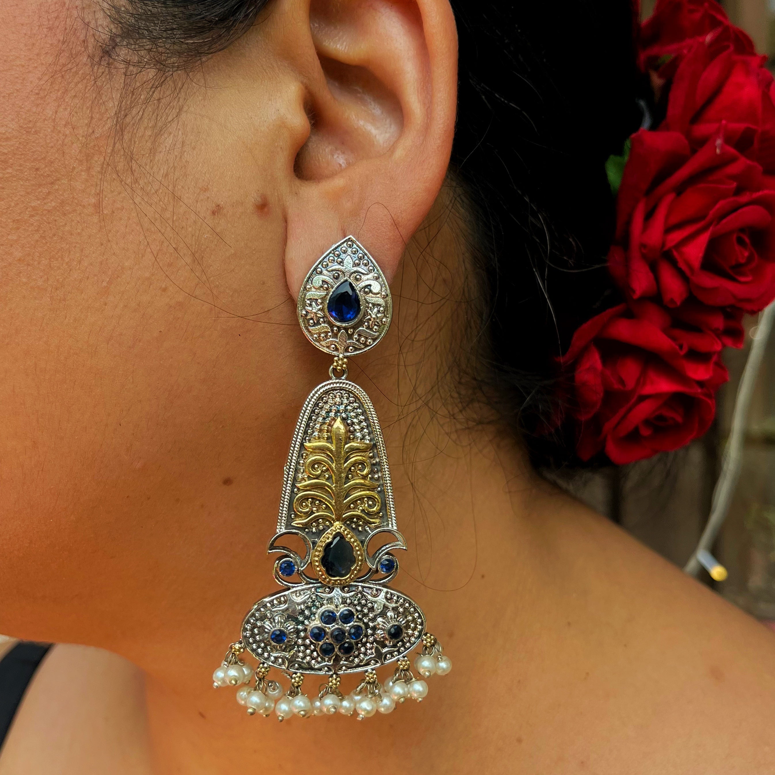 Naina Dual Tone Earrings- Silver Replica Collection