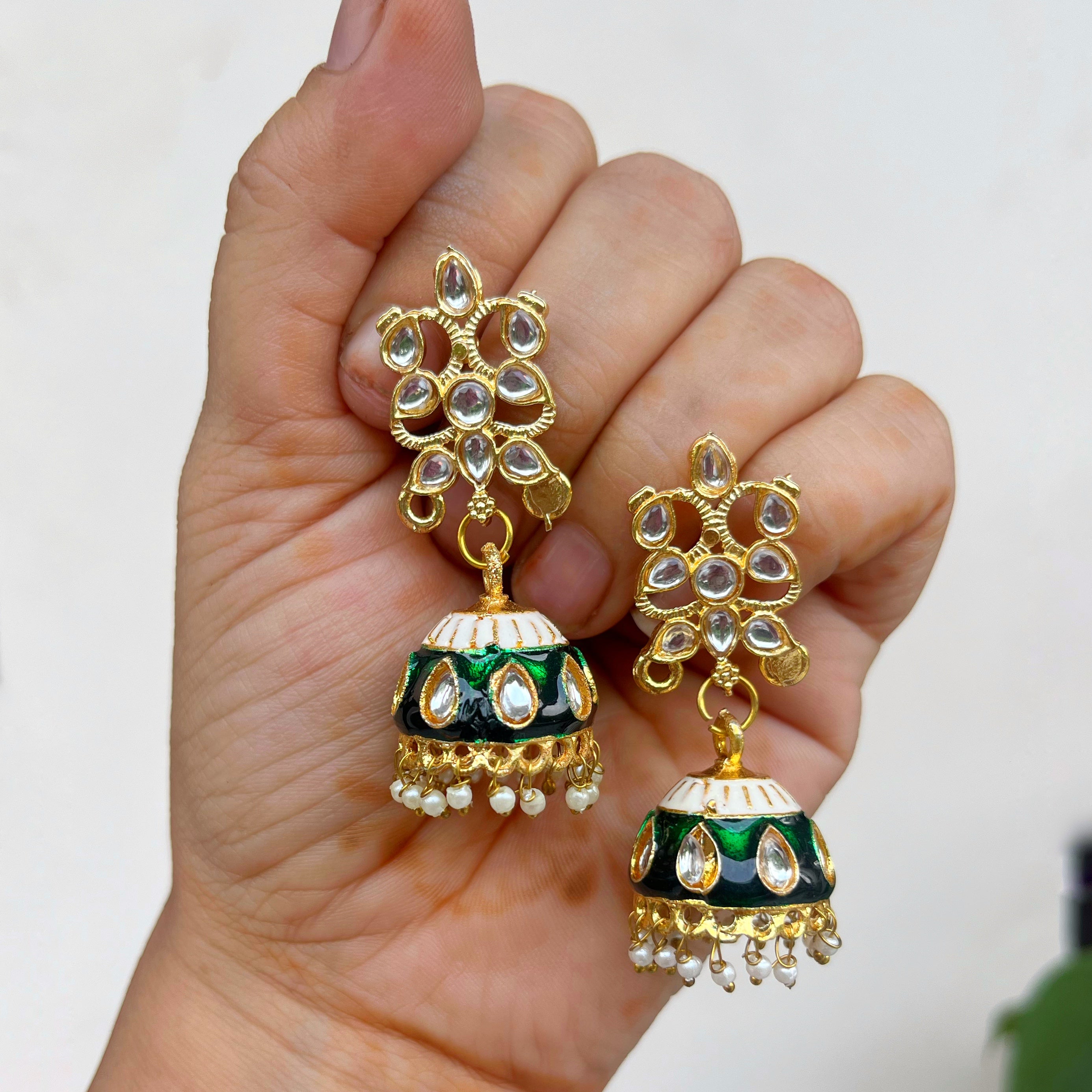 Rani: Emerald Enamel Kundan Jhumkas