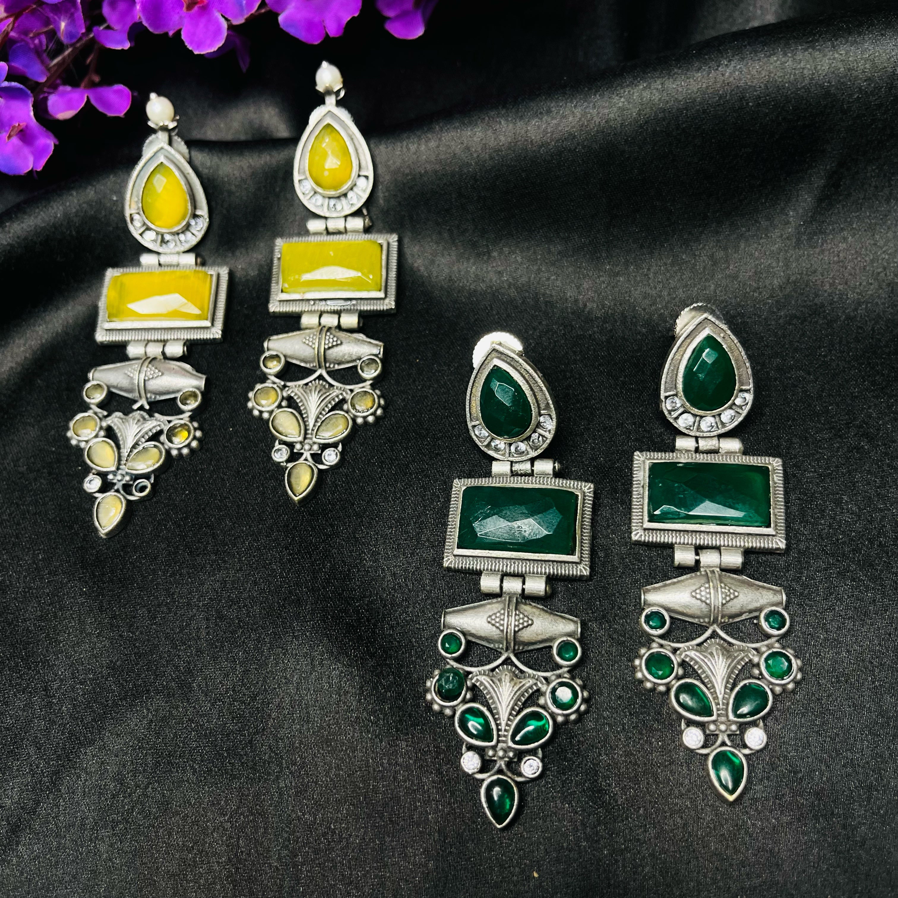 Abha: Green Monalisa Stone Silver Look-Alike Earrings