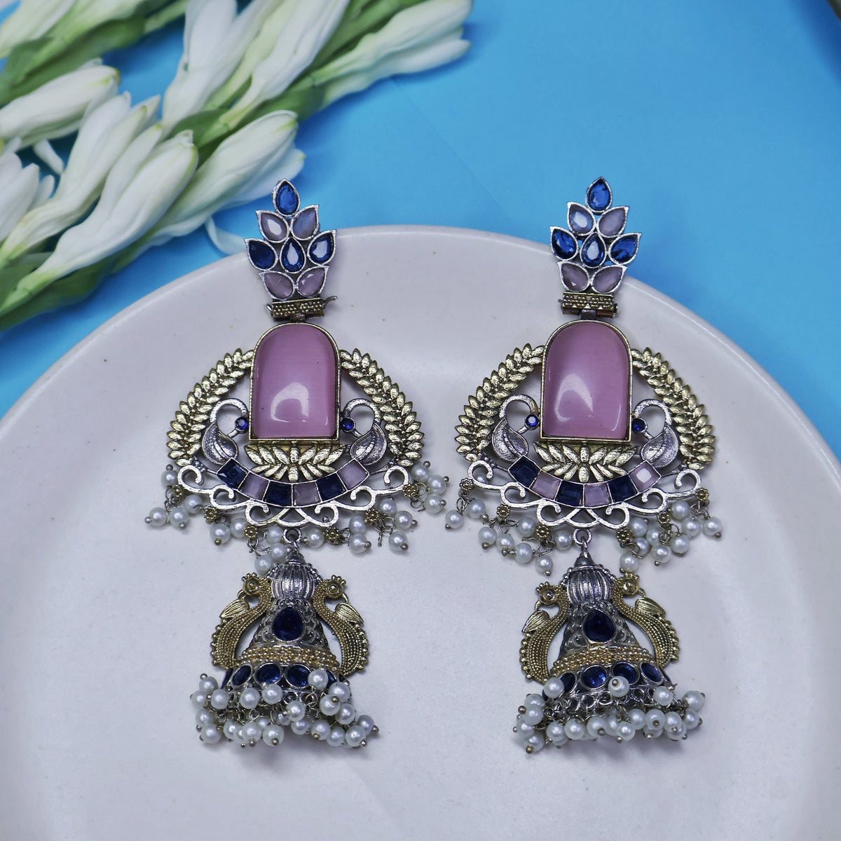 Sahiba- Blue and Pink Stone Dual Tone Earrings| Silver Replica Collection