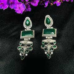 Abha: Green Monalisa Stone Silver Look-Alike Earrings