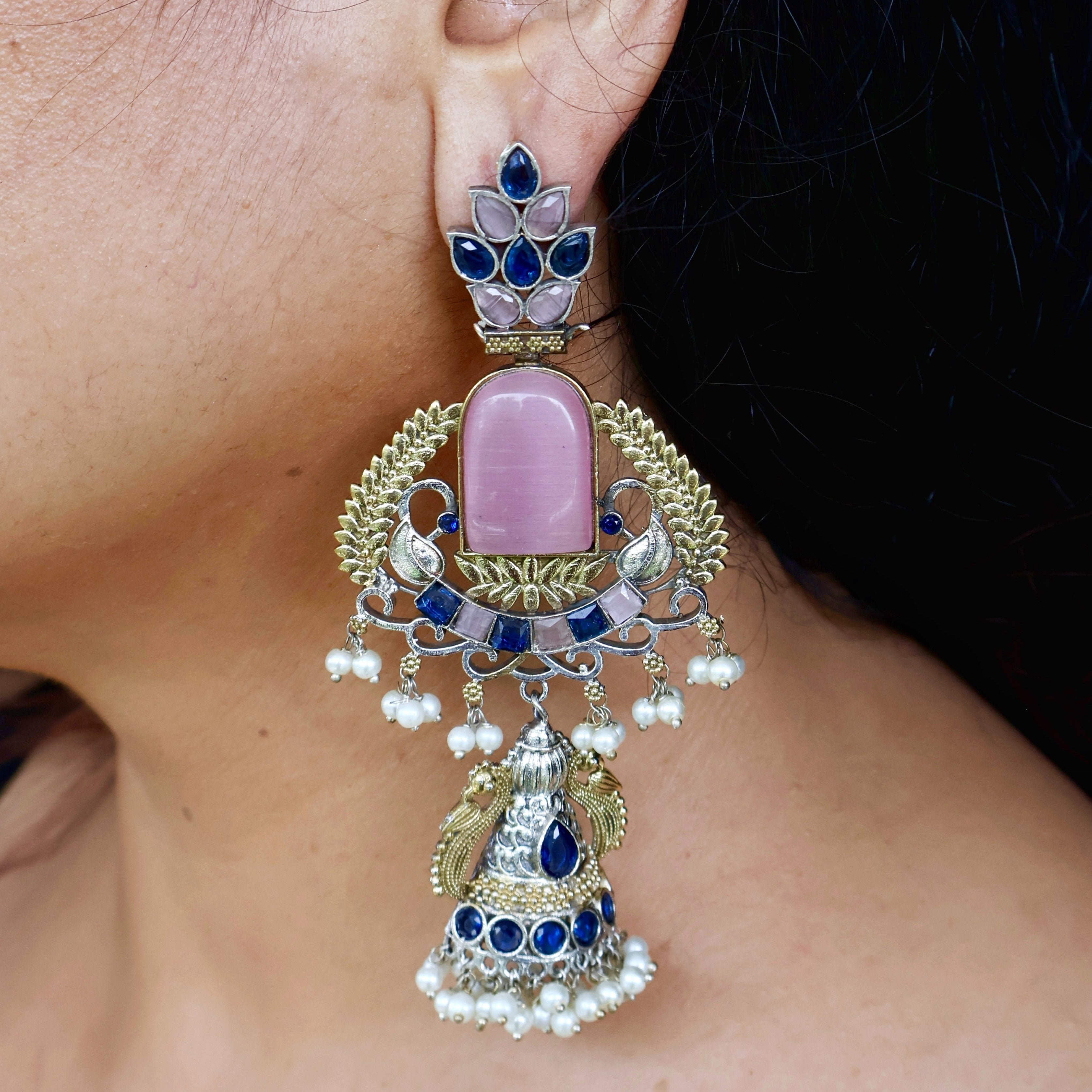 Sahiba- Blue and Pink Stone Dual Tone Earrings| Silver Replica Collection