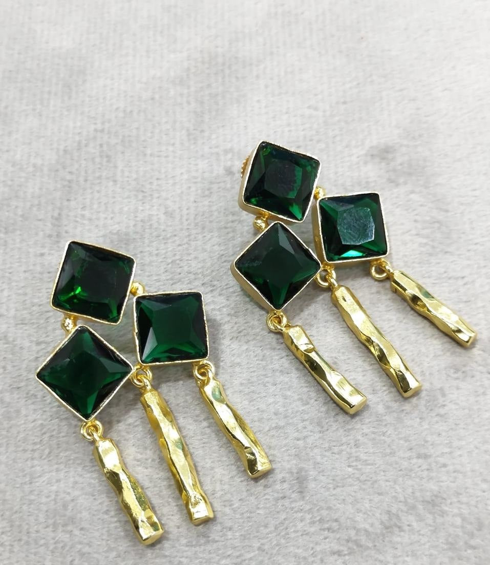 Exclusive Emerald Color quartz (Man made stone) With Pearl earring For Women Designer Bezel set Gold plated earring.