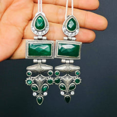 Abha: Green Monalisa Stone Silver Look-Alike Earrings