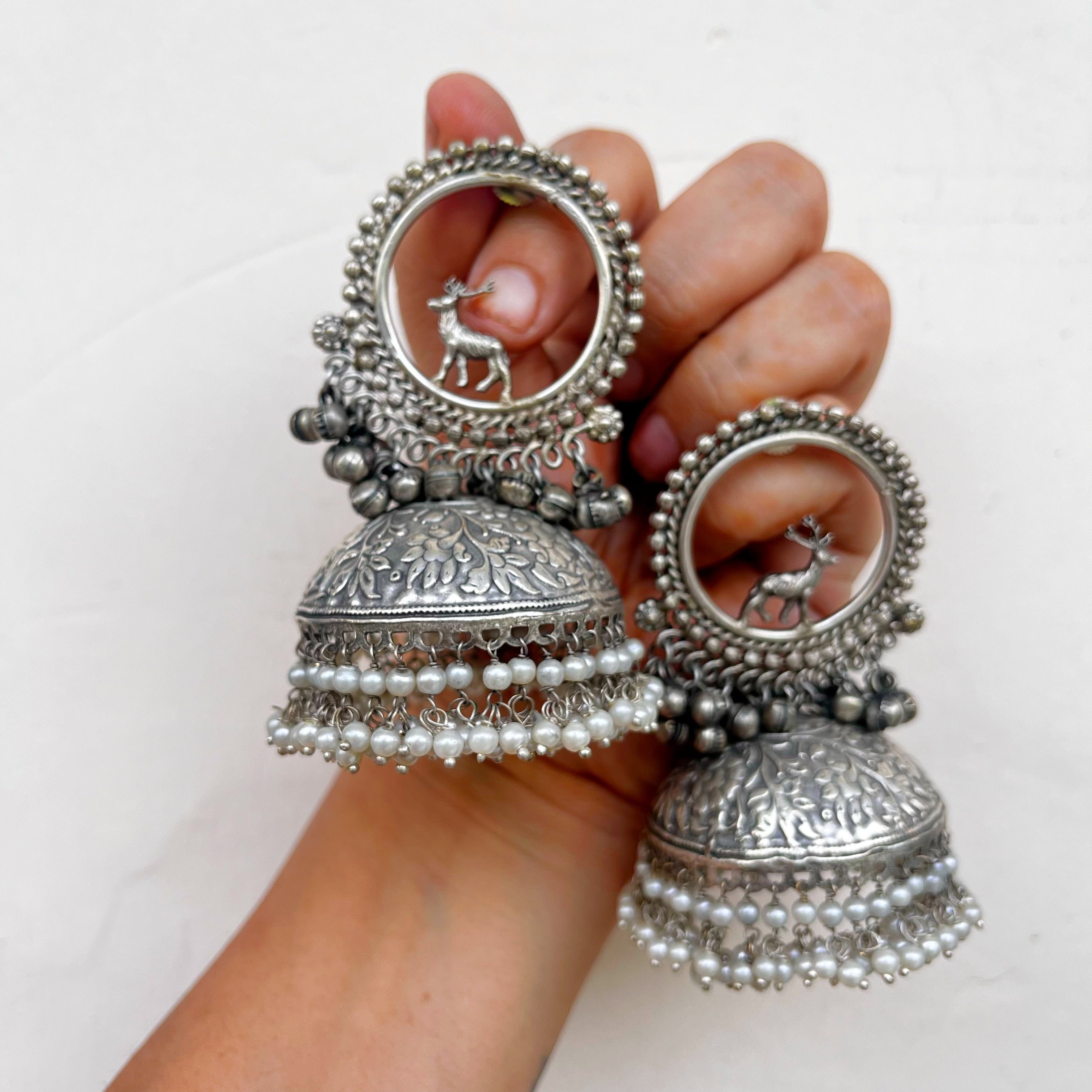 Bhavini: Oxidized Jhumka Earrings with a deer motif