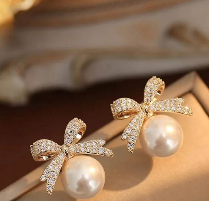 Bow tie white pearl drop Korean Earring