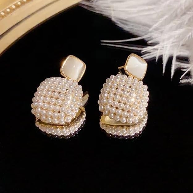 Korean Geometric Pearl Designed Drop Earrings Studs