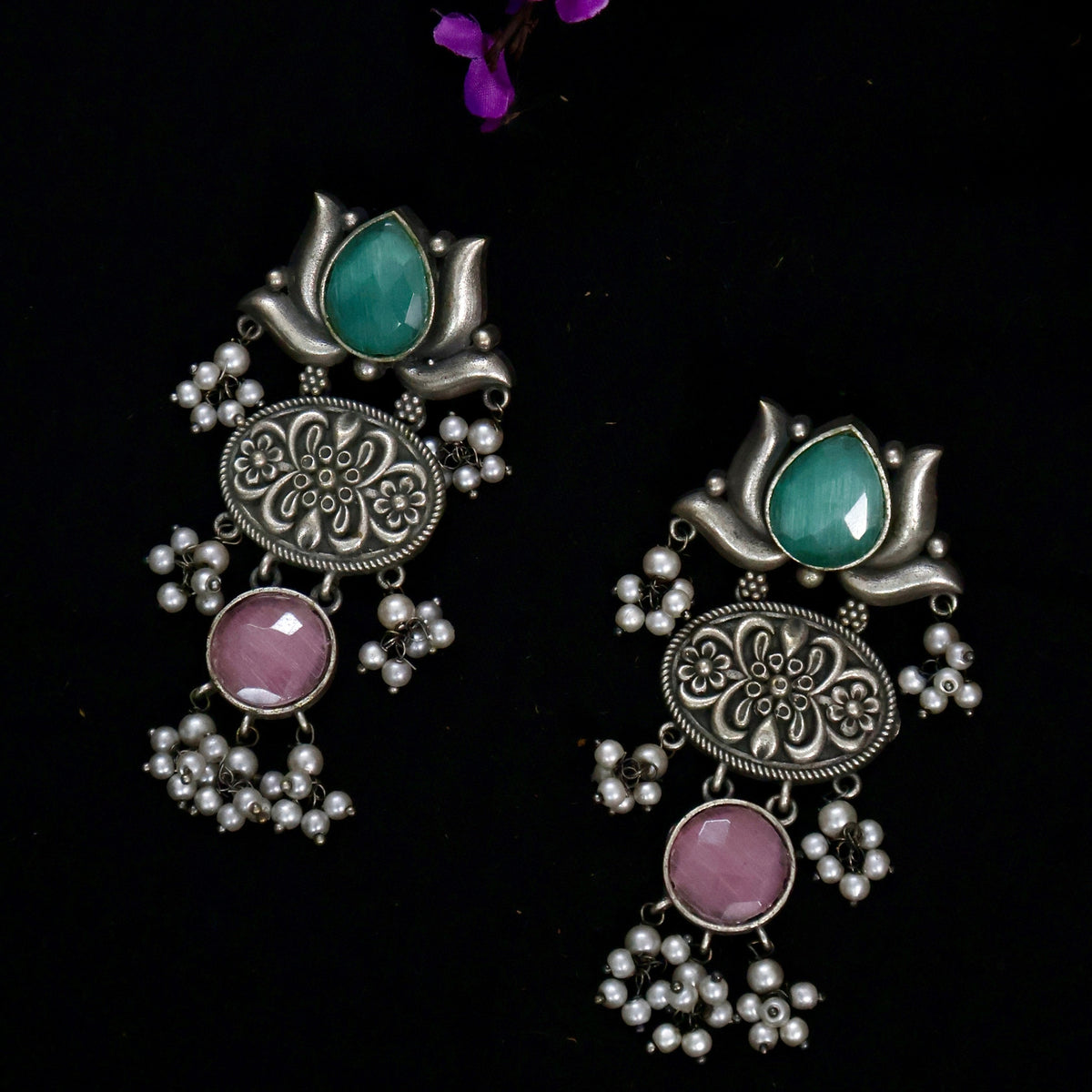 Padma: Lotus Oxidized Earrings With Mint and Pink Monalisa Stones