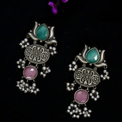 Padma: Lotus Oxidized Earrings With Mint and Pink Monalisa Stones