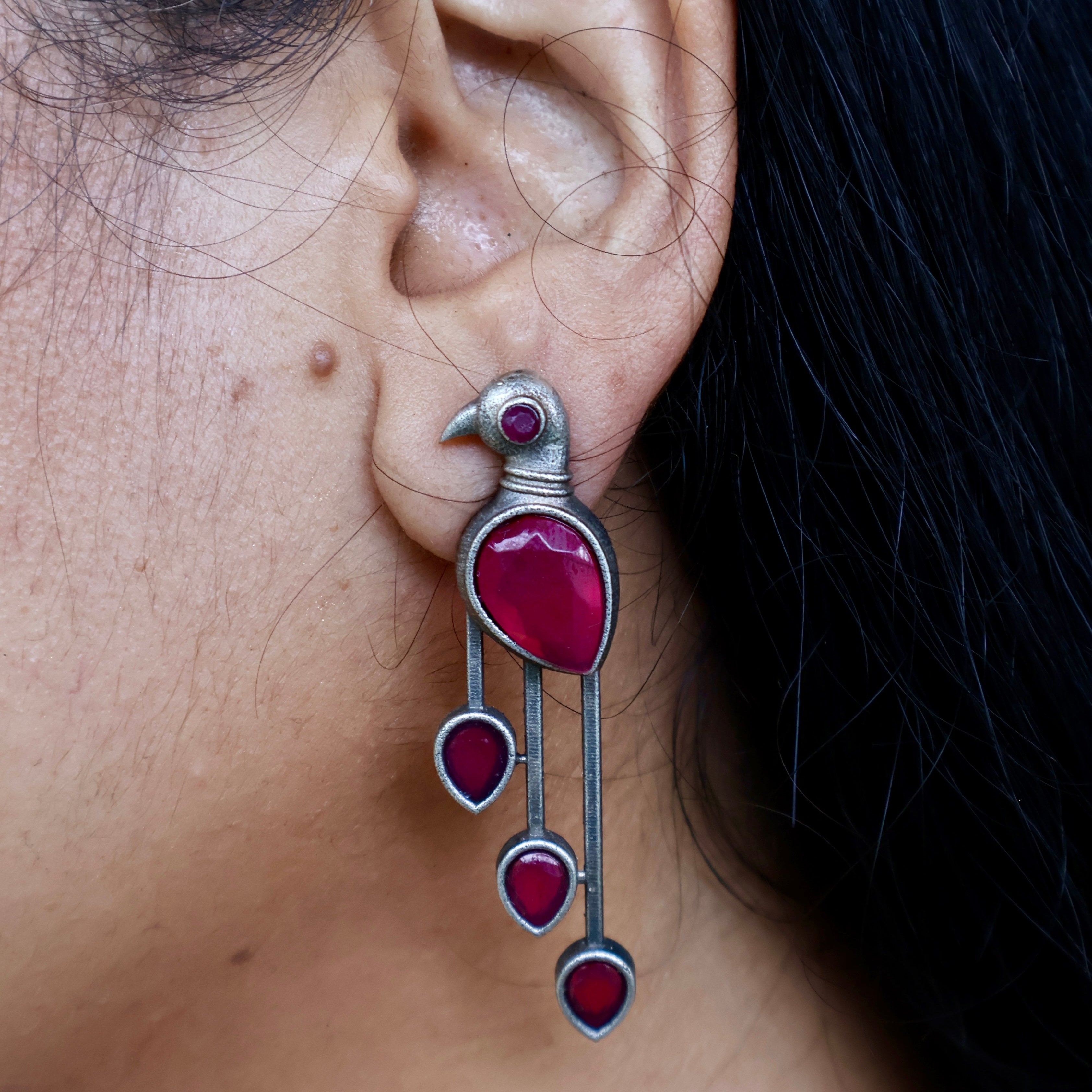 Chirayya: Red Birdie Oxidized Earrings