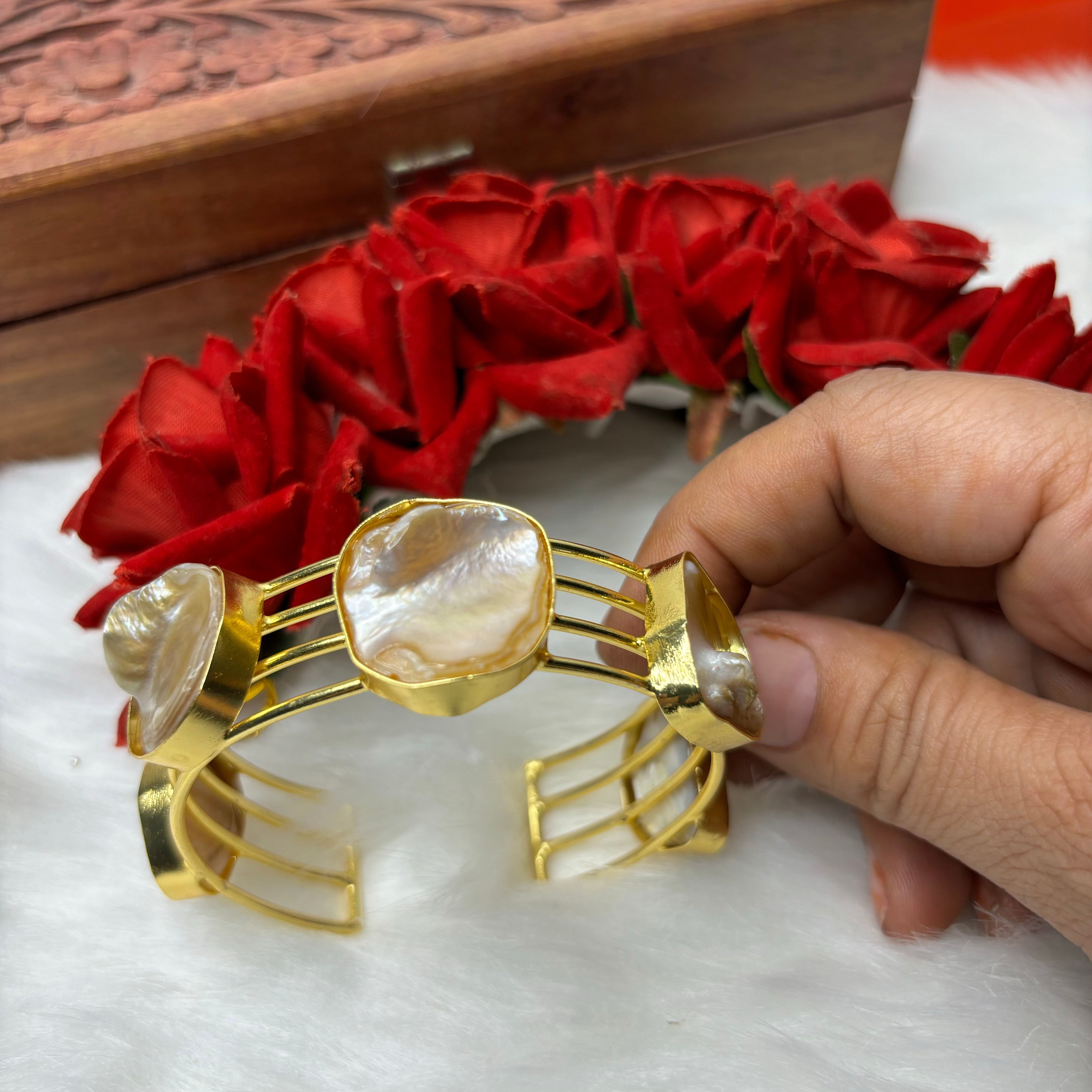 Inaya: Stone Studded Gold-Plated Brass Cuff Adjustable Bracelet