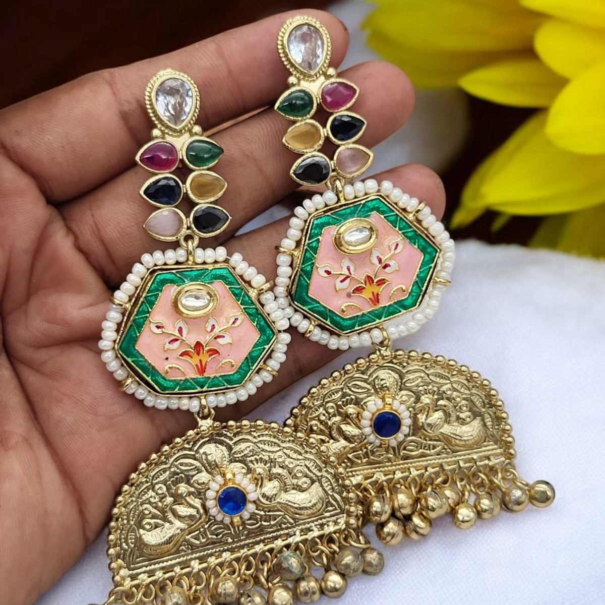 Kundan and Enamel Floral Jhumka Earrings