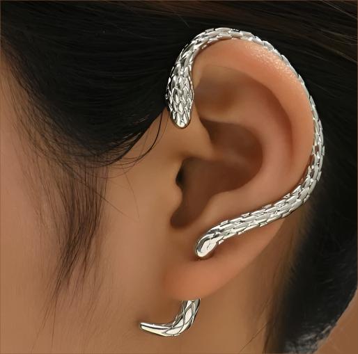 Nagin: Silver-Plated Snack Shaped Stainless Steel Antique Ear Cuff Earrings